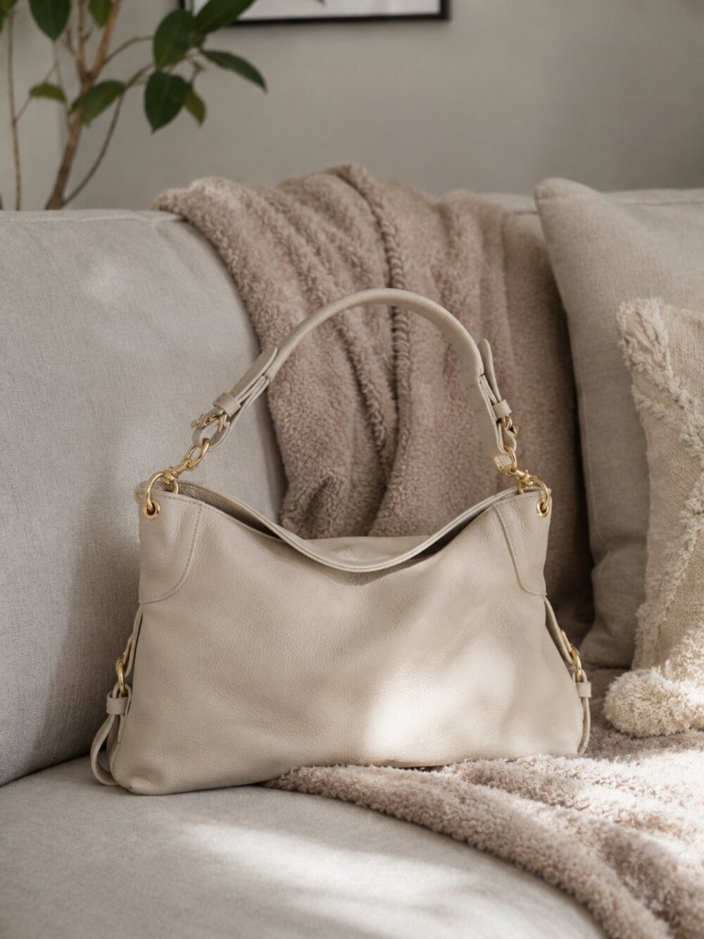 Italian Leather Slouchy Hobo Bag, East-West Minimalist Everyday Tote